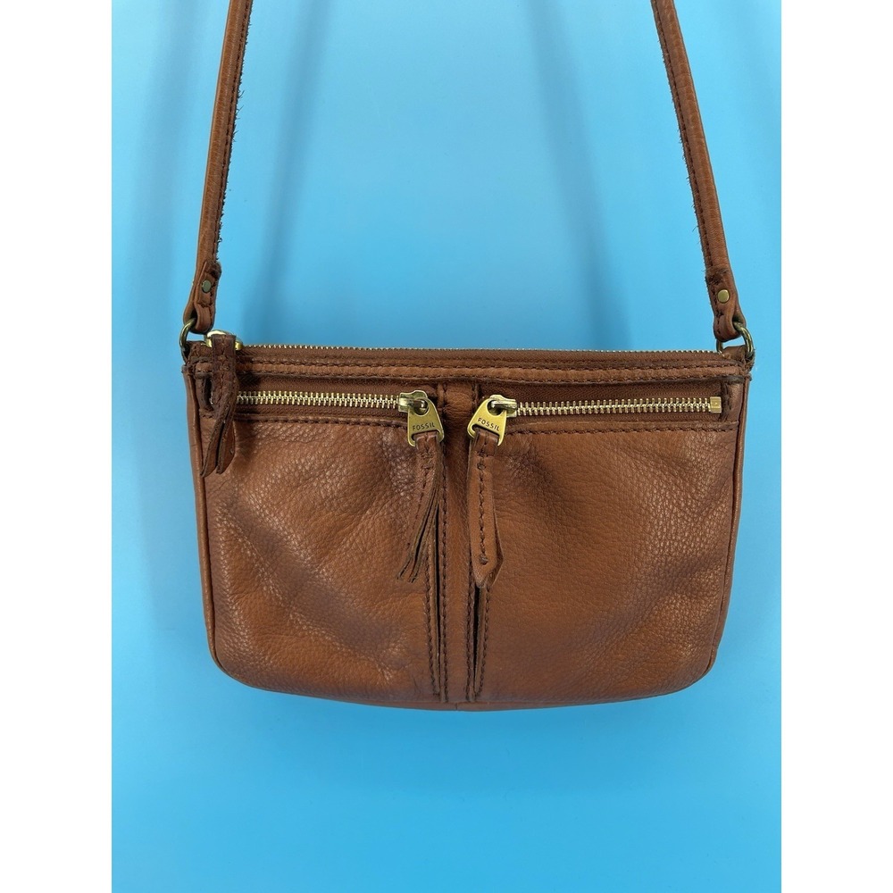 Fossil Brown‎ Leather Crossbody Shoulder Bag Organizer Zip Purse Women